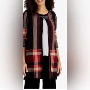 Kasper  Plaid Cardigan Sweater-fire Red Combo leather buckle sweater cardigan L